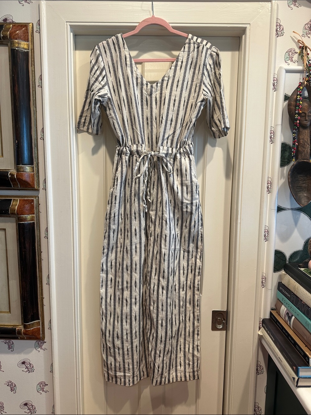 Anthropologie Striped V-Neck Jumpsuit in Ivory and Charcoal
